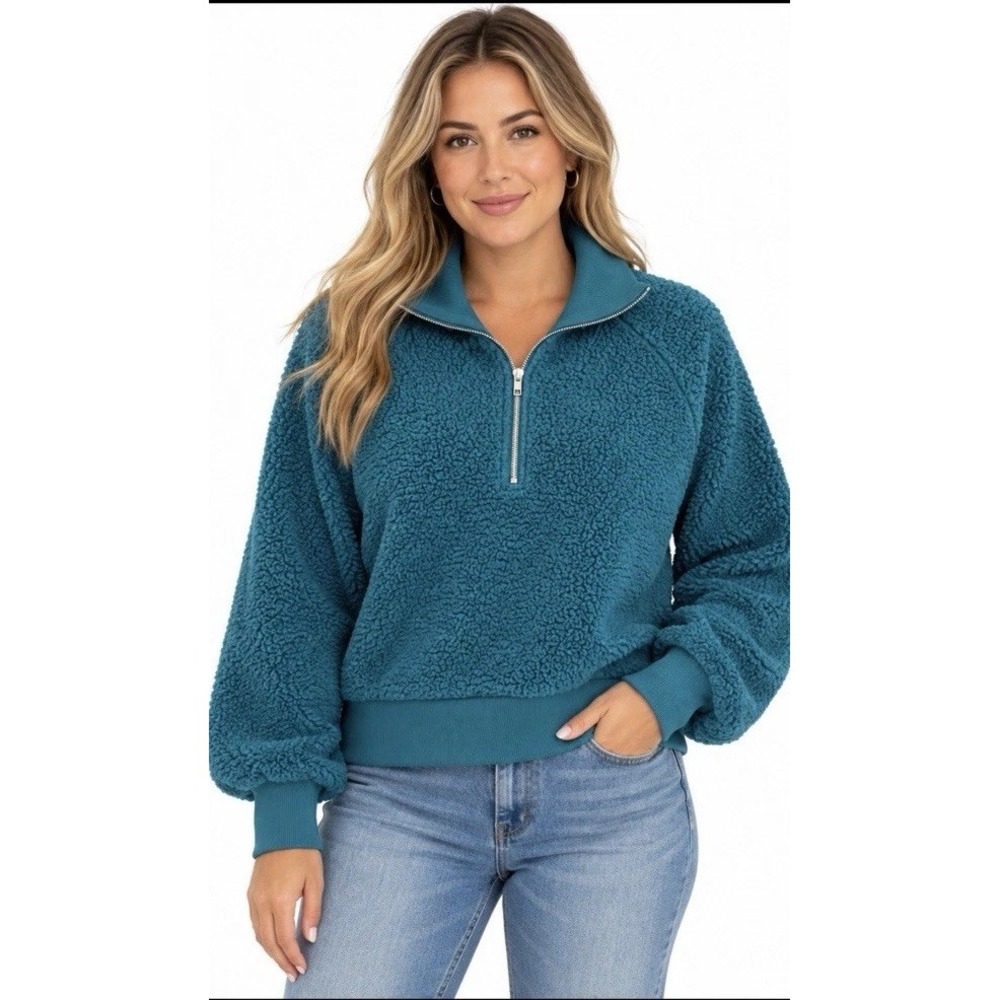 PINK Victoria’s Secret Women’s Sherpa Quarter Zip Pullover Teal Blue XL